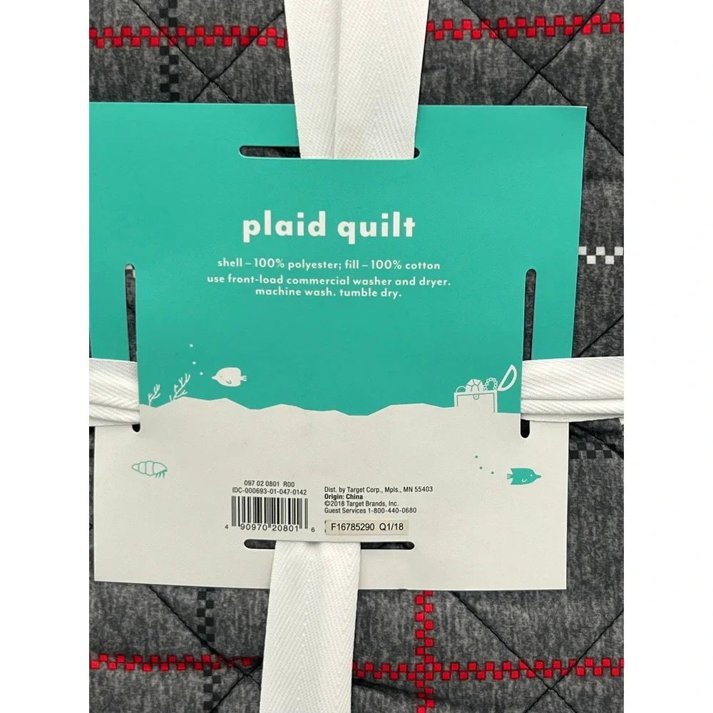 Pillowfort Plaid Quilt Twin Grey Brand New Diamond Quilted Red White Accents